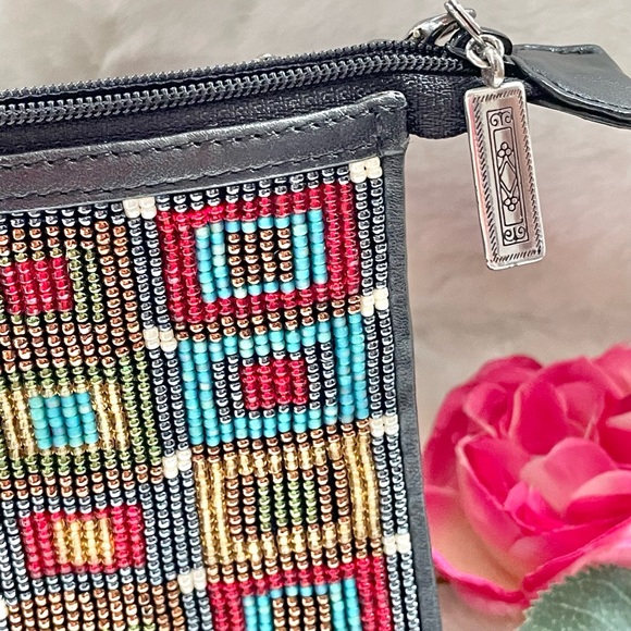 BRIGHTON Mini CROSSBODY BEADED PURSE Black w/multi colored front & Braided Strap - Picture 5 of 9